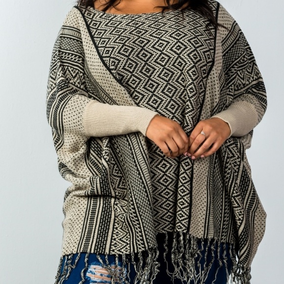 LAST ONE!❤PLUS Beige & Black Poncho Sweater - Picture 2 of 2